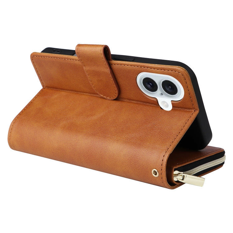 For iPhone 16 Plus 9 Card Slots Zipper Wallet Bag Leather Phone Case(Brown)