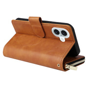 For iPhone 16 Plus 9 Card Slots Zipper Wallet Bag Leather Phone Case(Brown)