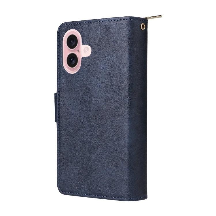 For iPhone 16 9 Card Slots Zipper Wallet Bag Leather Phone Case(Blue)