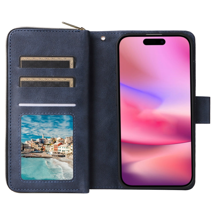 For iPhone 16 9 Card Slots Zipper Wallet Bag Leather Phone Case(Blue)