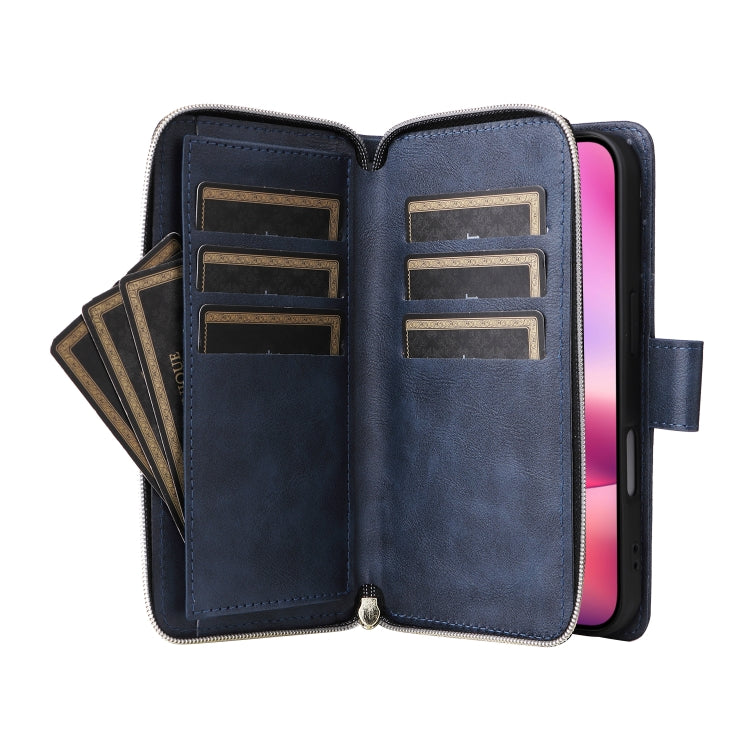 For iPhone 16 9 Card Slots Zipper Wallet Bag Leather Phone Case(Blue)