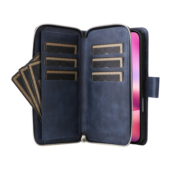 For iPhone 16 9 Card Slots Zipper Wallet Bag Leather Phone Case(Blue)