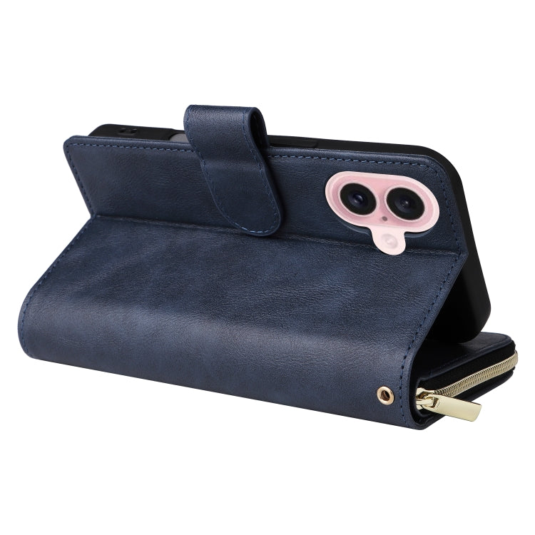 For iPhone 16 9 Card Slots Zipper Wallet Bag Leather Phone Case(Blue)