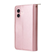 For iPhone 16 9 Card Slots Zipper Wallet Bag Leather Phone Case(Rose Gold)