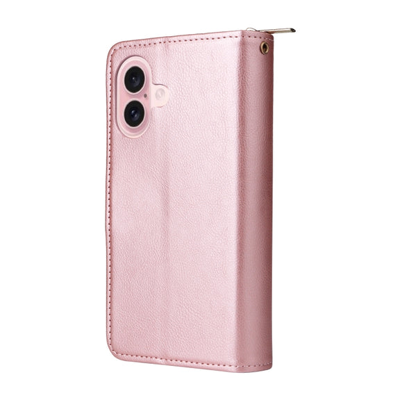 For iPhone 16 9 Card Slots Zipper Wallet Bag Leather Phone Case(Rose Gold)