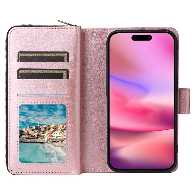 For iPhone 16 9 Card Slots Zipper Wallet Bag Leather Phone Case(Rose Gold)