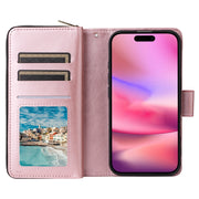 For iPhone 16 9 Card Slots Zipper Wallet Bag Leather Phone Case(Rose Gold)