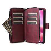For iPhone 16 9 Card Slots Zipper Wallet Bag Leather Phone Case(Wine Red)