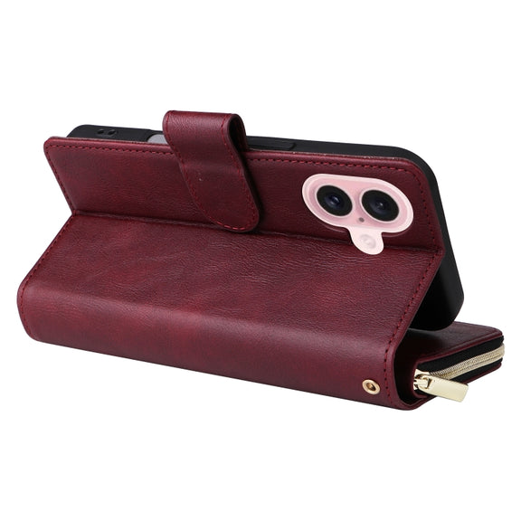 For iPhone 16 9 Card Slots Zipper Wallet Bag Leather Phone Case(Wine Red)