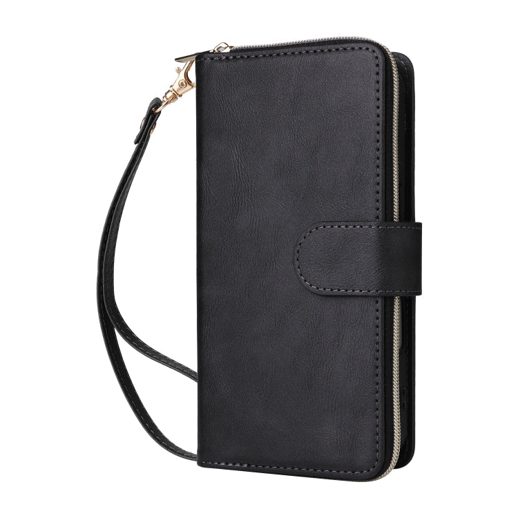 For iPhone 16 9 Card Slots Zipper Wallet Bag Leather Phone Case(Black)