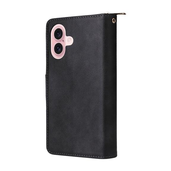 For iPhone 16 9 Card Slots Zipper Wallet Bag Leather Phone Case(Black)
