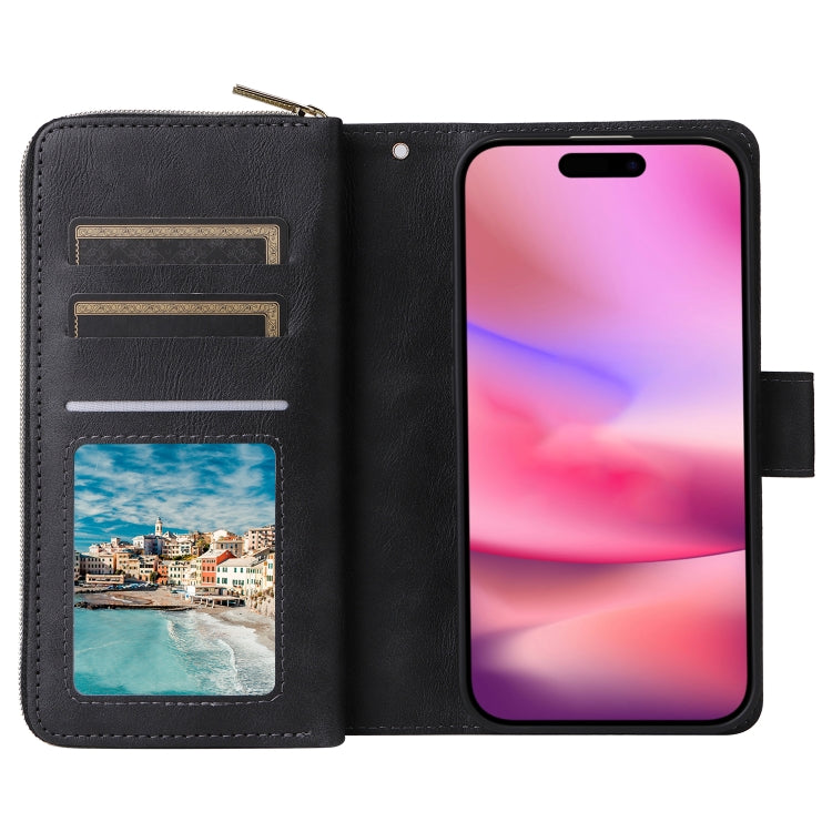 For iPhone 16 9 Card Slots Zipper Wallet Bag Leather Phone Case(Black)