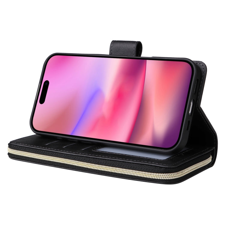 For iPhone 16 9 Card Slots Zipper Wallet Bag Leather Phone Case(Black)