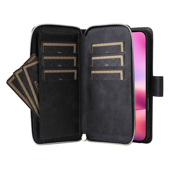 For iPhone 16 9 Card Slots Zipper Wallet Bag Leather Phone Case(Black)