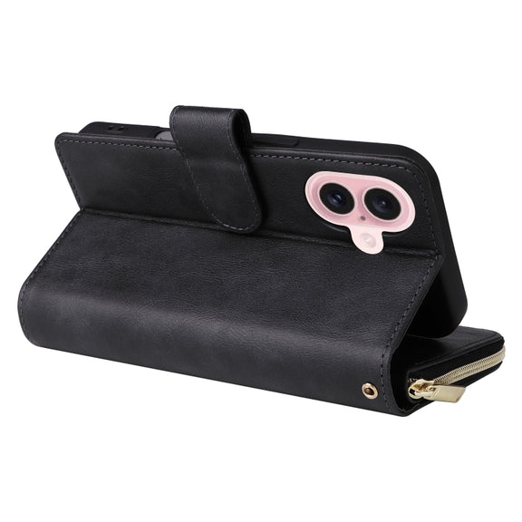 For iPhone 16 9 Card Slots Zipper Wallet Bag Leather Phone Case(Black)