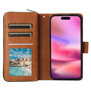For iPhone 16 9 Card Slots Zipper Wallet Bag Leather Phone Case(Brown)