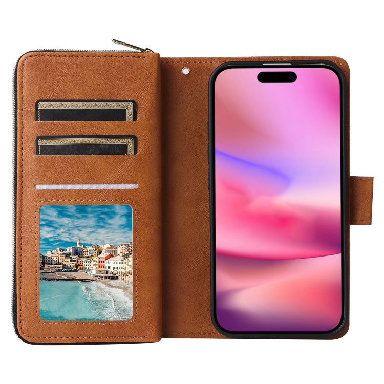 For iPhone 16 9 Card Slots Zipper Wallet Bag Leather Phone Case(Brown)