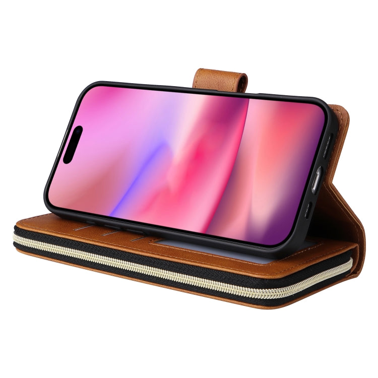 For iPhone 16 9 Card Slots Zipper Wallet Bag Leather Phone Case(Brown)