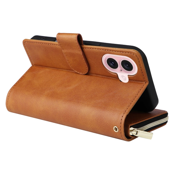 For iPhone 16 9 Card Slots Zipper Wallet Bag Leather Phone Case(Brown)