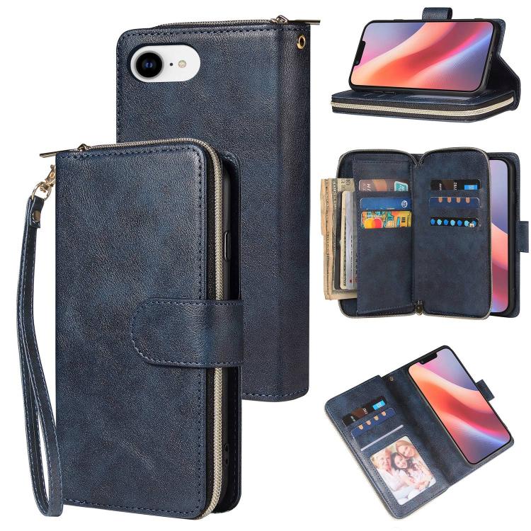For iPhone 16e 9 Card Slots Zipper Wallet Bag Leather Phone Case(Blue)