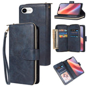 For iPhone 16e 9 Card Slots Zipper Wallet Bag Leather Phone Case(Blue)