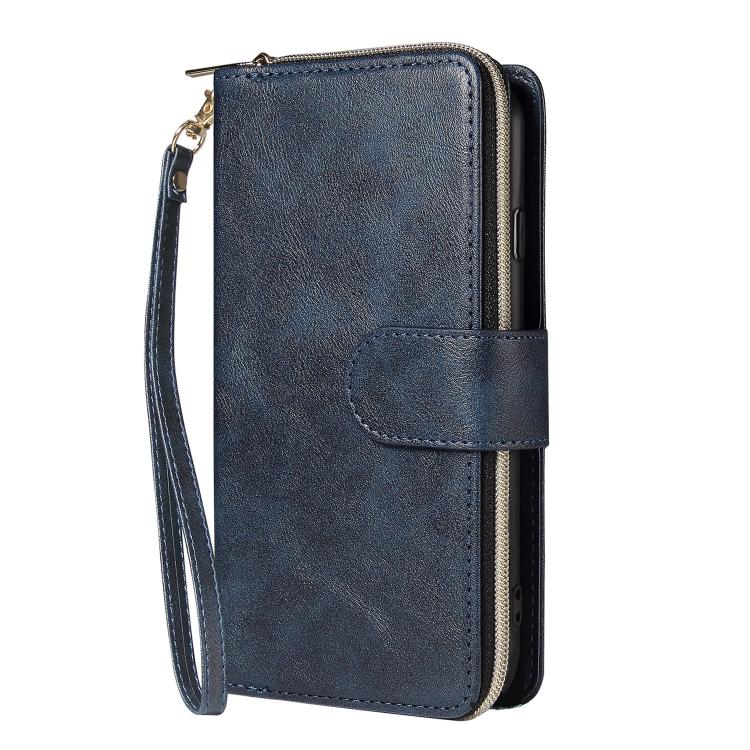 For iPhone 16e 9 Card Slots Zipper Wallet Bag Leather Phone Case(Blue)