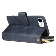 For iPhone 16e 9 Card Slots Zipper Wallet Bag Leather Phone Case(Blue)