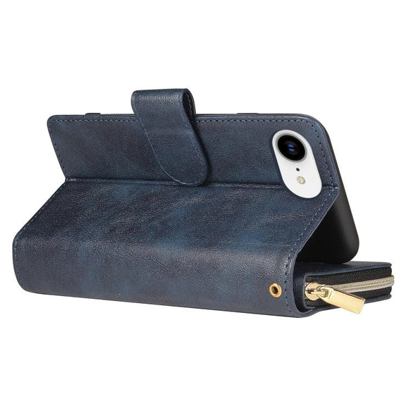 For iPhone 16e 9 Card Slots Zipper Wallet Bag Leather Phone Case(Blue)