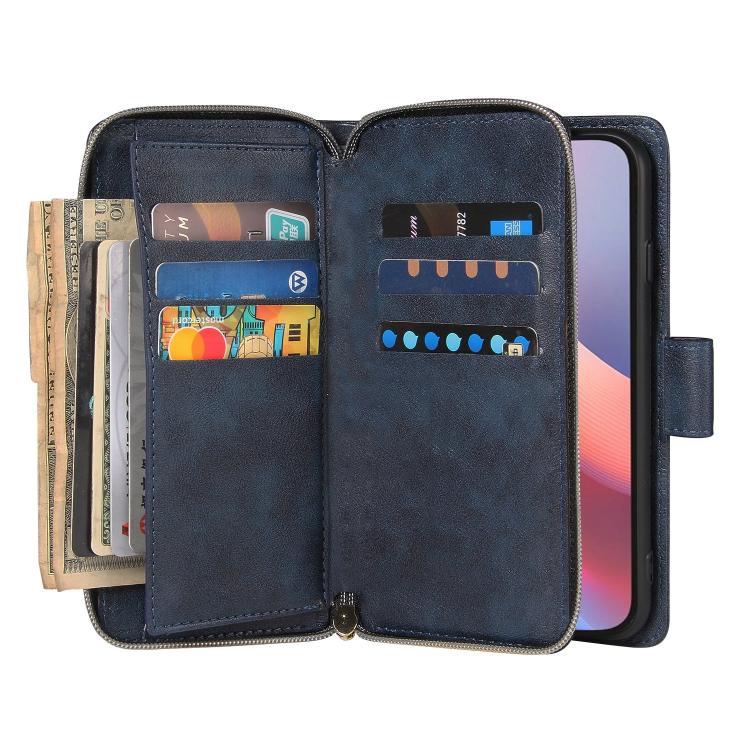 For iPhone 16e 9 Card Slots Zipper Wallet Bag Leather Phone Case(Blue)