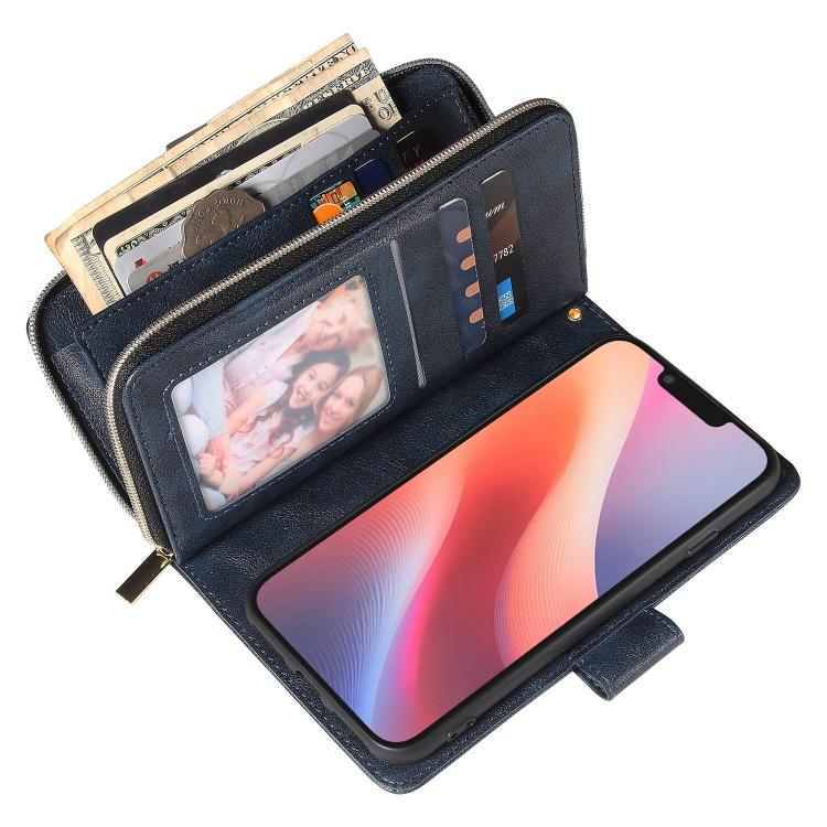 For iPhone 16e 9 Card Slots Zipper Wallet Bag Leather Phone Case(Blue)