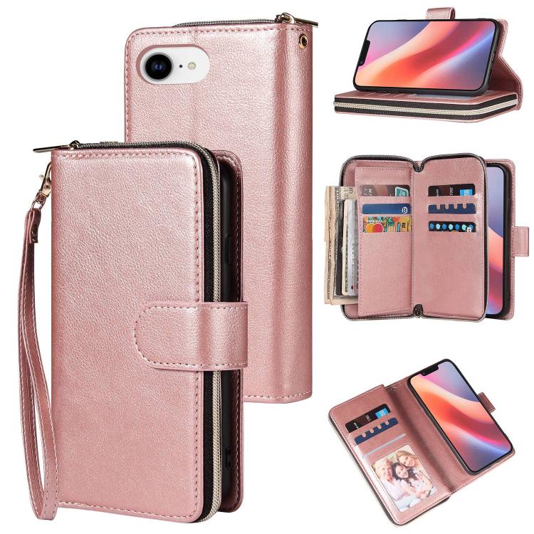 For iPhone 16e 9 Card Slots Zipper Wallet Bag Leather Phone Case(Rose Gold)