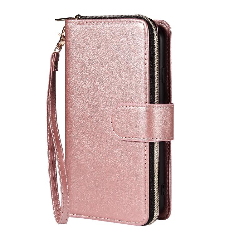 For iPhone 16e 9 Card Slots Zipper Wallet Bag Leather Phone Case(Rose Gold)