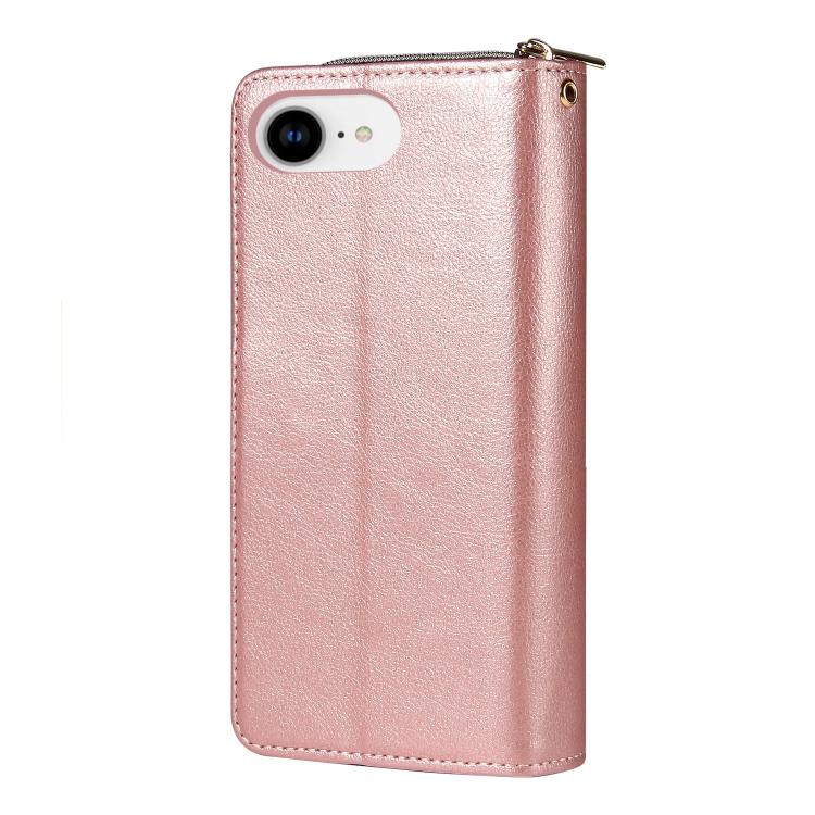 For iPhone 16e 9 Card Slots Zipper Wallet Bag Leather Phone Case(Rose Gold)