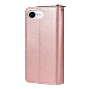 For iPhone 16e 9 Card Slots Zipper Wallet Bag Leather Phone Case(Rose Gold)