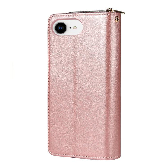 For iPhone 16e 9 Card Slots Zipper Wallet Bag Leather Phone Case(Rose Gold)