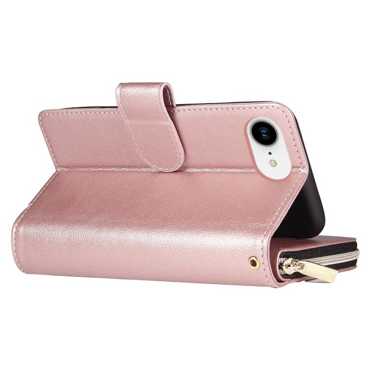 For iPhone 16e 9 Card Slots Zipper Wallet Bag Leather Phone Case(Rose Gold)