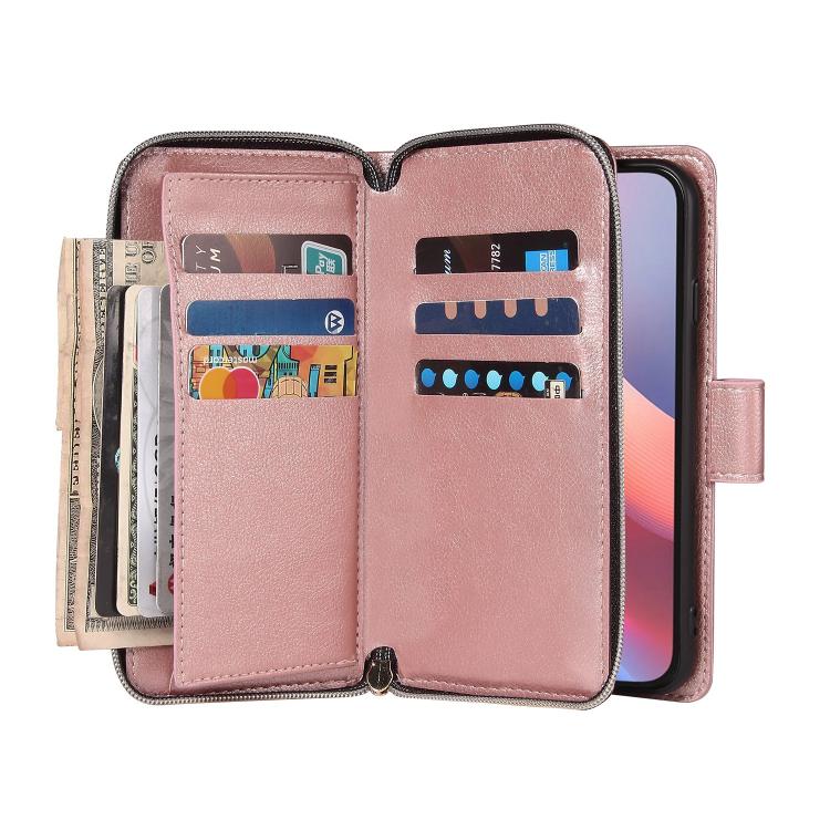 For iPhone 16e 9 Card Slots Zipper Wallet Bag Leather Phone Case(Rose Gold)