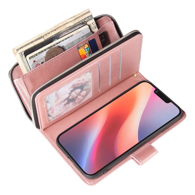 For iPhone 16e 9 Card Slots Zipper Wallet Bag Leather Phone Case(Rose Gold)