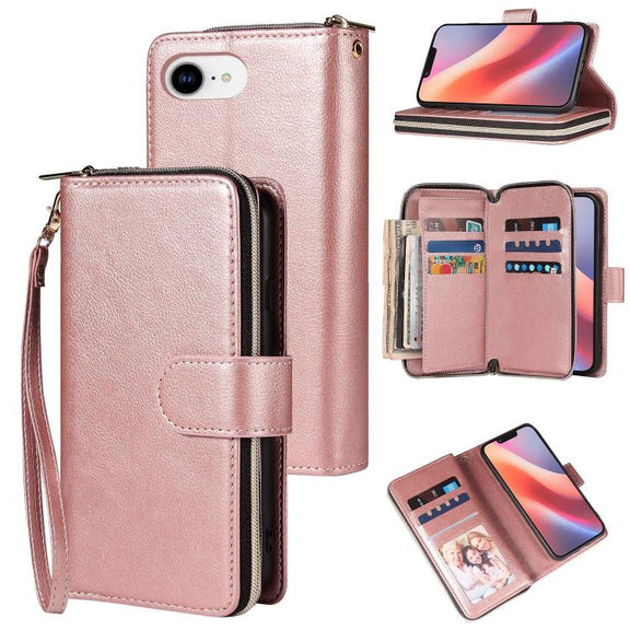 For iPhone 16e 9 Card Slots Zipper Wallet Bag Leather Phone Case(Rose Gold)