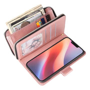 For iPhone 16e 9 Card Slots Zipper Wallet Bag Leather Phone Case(Rose Gold)