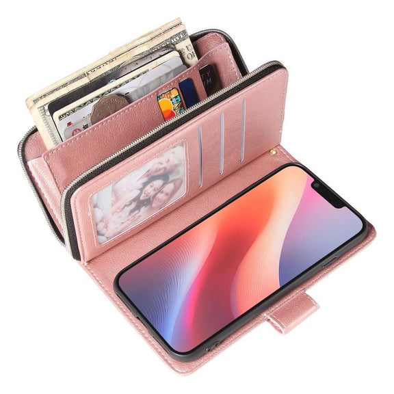 For iPhone 16e 9 Card Slots Zipper Wallet Bag Leather Phone Case(Rose Gold)