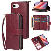 For iPhone 16e 9 Card Slots Zipper Wallet Bag Leather Phone Case(Wine Red)