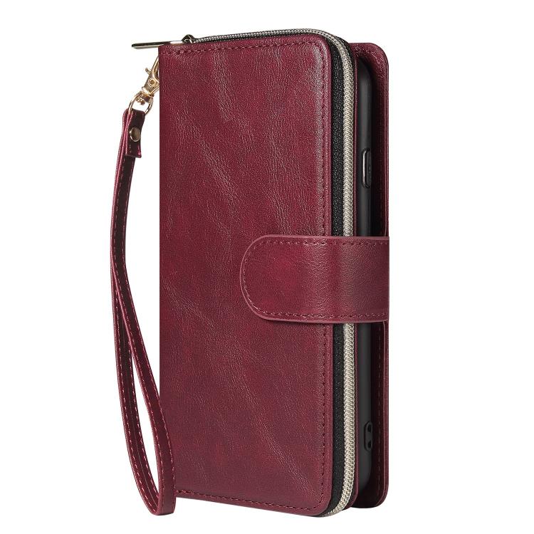 For iPhone 16e 9 Card Slots Zipper Wallet Bag Leather Phone Case(Wine Red)