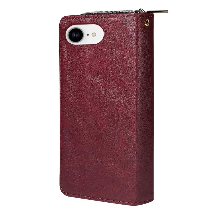 For iPhone 16e 9 Card Slots Zipper Wallet Bag Leather Phone Case(Wine Red)