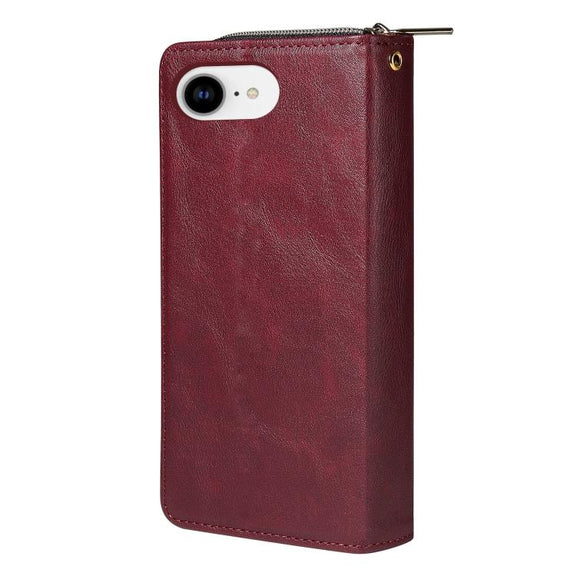 For iPhone 16e 9 Card Slots Zipper Wallet Bag Leather Phone Case(Wine Red)
