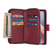 For iPhone 16e 9 Card Slots Zipper Wallet Bag Leather Phone Case(Wine Red)