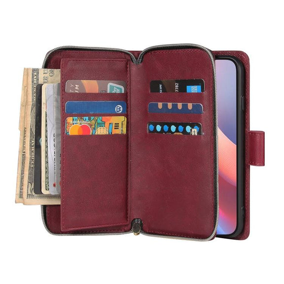 For iPhone 16e 9 Card Slots Zipper Wallet Bag Leather Phone Case(Wine Red)