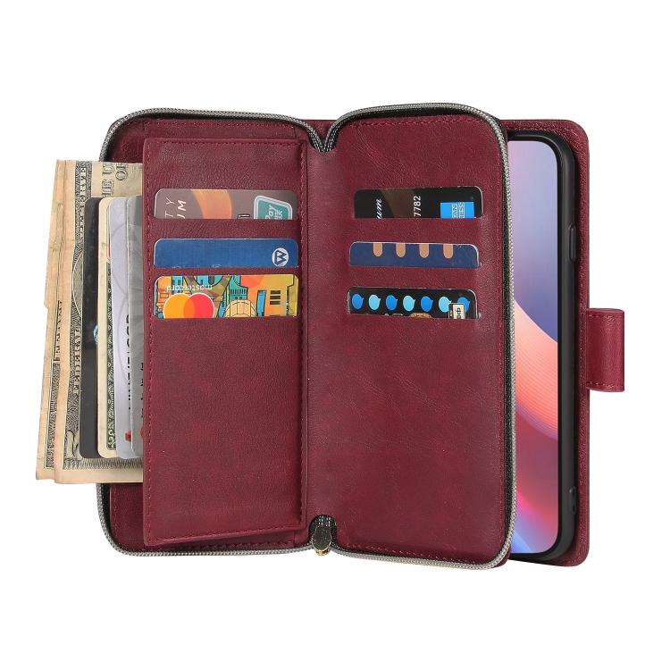 For iPhone 16e 9 Card Slots Zipper Wallet Bag Leather Phone Case(Wine Red)