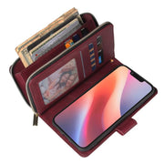 For iPhone 16e 9 Card Slots Zipper Wallet Bag Leather Phone Case(Wine Red)