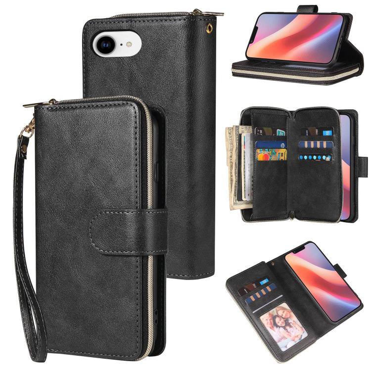 For iPhone 16e 9 Card Slots Zipper Wallet Bag Leather Phone Case(Black)